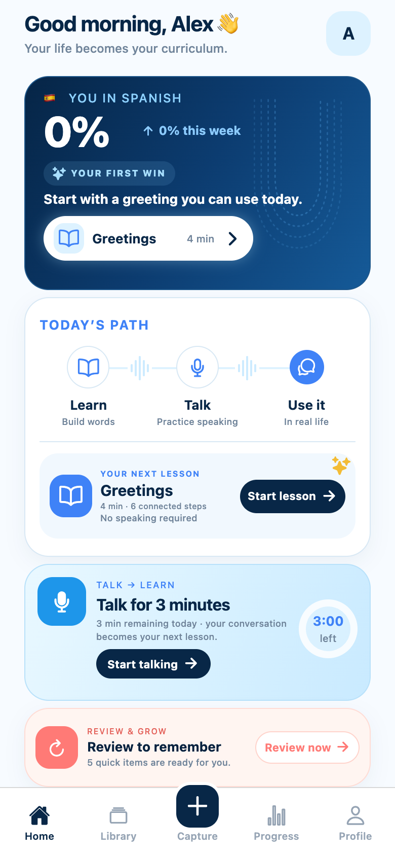 U-say home screen showing Talk, Learn, and Use it as one connected path
