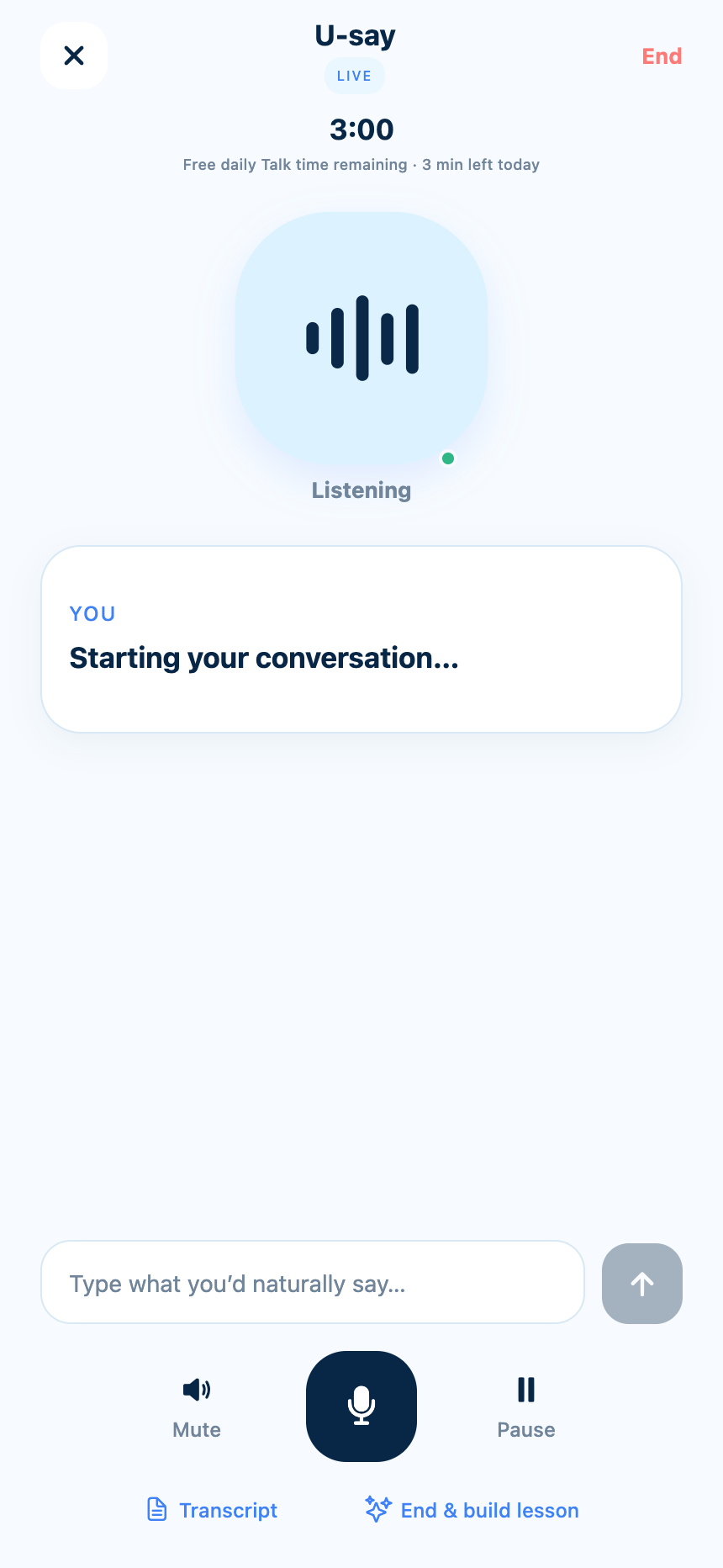 U-say Talk screen listening to a learner